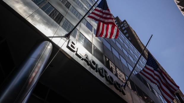 American flags fly outside BlackRock headquarters in New York.
