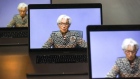 Christine Lagarde, president of the European Central Bank (ECB), speaks during a live stream video virtual rate decision news conference, in an arranged photograph, in Hanau, Germany, on Thursday, Dec. 10, 2020. The ECB is expected to deliver another round of monetary stimulus at its meeting Thursday to help economies exit the pandemic crisis, while European Union leaders meet in Brussels and will likely approve a landmark stimulus package.