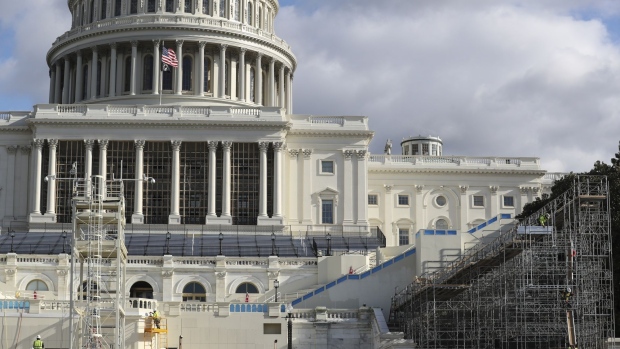Construction on the West Front of the U.S. Capitol in preparation for the inauguration ceremony of President-elect Joe Biden in Washington, D.C. on Dec. 22.