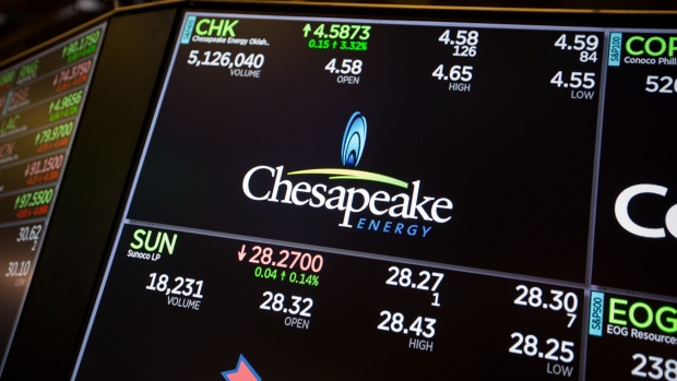 A monitor displays Chesapeake Energy Corp. signage on the floor of the New York Stock Exchange (NYSE) in New York, U.S., on Monday, Sept. 24, 2018. U.S. stocks fell to their lows of the day after reports that Deputy Attorney General Rod Rosenstein will leave his post. Photographer: Michael Nagle/Bloomberg