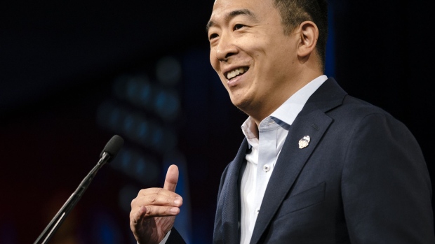 Andrew Yang, founder of Venture for America and 2020 Democratic presidential candidate, speaks during the Democratic National Committee (DNC) Summer Meeting in San Francisco, California, U.S., on Friday, Aug. 23, 2019. More than a dozen presidential candidates are descending on San Francisco this week to try and wow DNC members at their annual summer meeting.