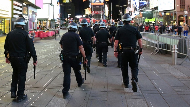 New York Police Department (NYPD) officers patrol Time Square as activists hold a rally on May 31, 2020 in New York City.