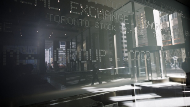 Signage for the Toronto Stock Exchange (TSX) is seen in the financial district of Toronto, Ontario, Canada, on Monday, March 16, 2020. Canadian stocks plunged more than 9% after emergency measures from central banks failed to soothe fears the economy will suffer a heavy blow from the coronavirus.