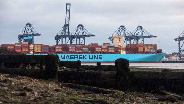The Moscow Maersk container ship on the dockside at the Port of Felixstowe Ltd. in Felixstowe, U.K., on Thursday, Nov. 19, 2020. The organization responsible for setting global environmental standards for shipping approved rules designed to curb the industry's carbon emissions, triggering criticism that its measures won't do enough to help tackle climate change. Photographer: Chris Ratcliffe/Bloomberg