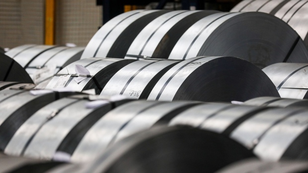 Rolls of aluminium metal sit at Liberty Pressing Solutions in Coventry, U.K., on Monday, April 23, 2018. Aluminum markets are still reeling from U.S. sanctions targeting Putin-allied billionaire Oleg Deripaska and his United Co. Rusal, the top aluminum supplier outside China.