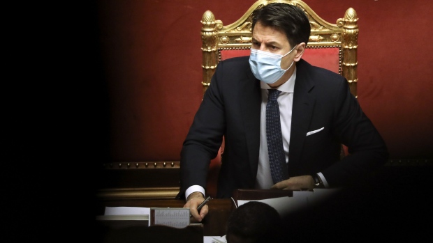 Giuseppe Conte listens during a debate in the Senate in Rome, on Jan. 19.