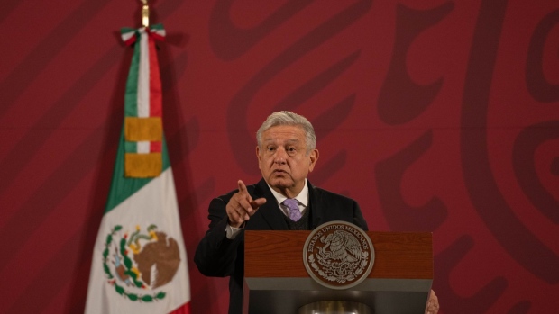 Andres Manuel Lopez Obrador, Mexico's president, speaks during a news conference at the National Palace in Mexico City, Mexico, on Wednesday, Nov. 25, 2020. Lopez Obrador reiterated Wednesday that he’ll wait until the U.S. presidential election process is fully concluded before he congratulates a winner.