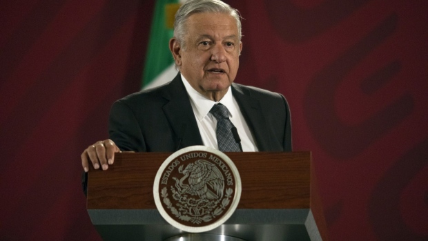 Andres Manuel Lopez Obrador, Mexico's president, speaks during a news conference at the National Palace in Mexico City, Mexico, on Tuesday, Jan. 7, 2020. Mexico's move to divert aTC Energy Corp.gas pipeline from indigenous lands is reigniting concerns over the future of energy projects in the country.