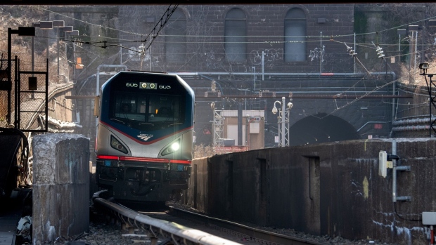 An Amtrak train exits the North River Tunnel in North Bergen, New Jersey, U.S., on Wednesday, March 13, 2019. Amtrak, along with three New York City-area mass-transit agencies and two members of the U.S. House of Representatives, say there is no known alternative plan should the Hudson River tunnel close, cutting off the national railroad's busiest route and blocking thousands from their workplaces. Photographer: Ron Antonelli/Bloomberg