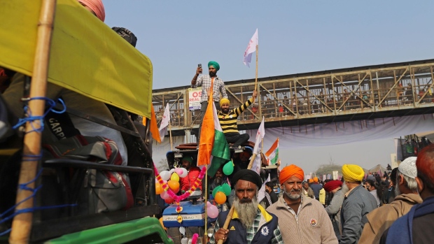 Farmers at a rally near Singhu border on the outskirts of New Delhi, India, on Tuesday, Jan. 26.