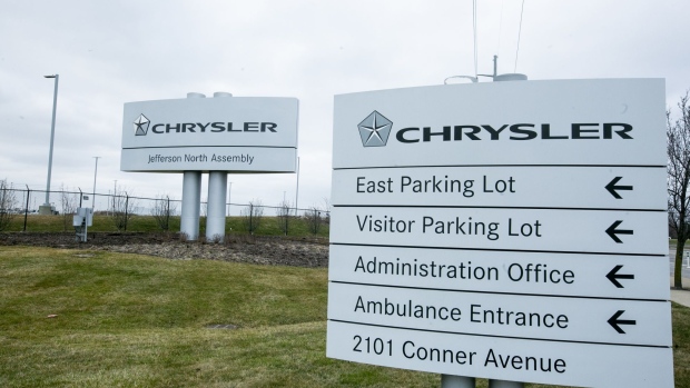 Signage is displayed outside the Fiat Chrysler Automobiles NV (FCA) Jefferson North Plant in Detroit, Michigan, U.S., on Monday, March 23, 2020. The auto industry is escalating its push for U.S. assistance to help weather the impact of a global pandemic that has halted or will soon stop production at 42 out of 44 plants that assemble vehicles in the country. Photographer: Anthony Lanzilote/Bloomberg