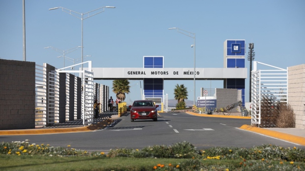 A vehicle exits the General Motors Co. (GM) assembly plant in San Luis Potosi, Mexico, on Monday, Jan. 23, 2017. One out of every eight workers in San Luis is employed by the auto sector, all of it made possible by the decades-old North American Free Trade Agreement that's propelled millions of Mexicans into the middle class and which Trump is now threatening to shred.