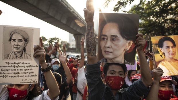 Demonstrators hold up images of Aung San Suu Kyi during a protest outside the Embassy of Myanmar in Bangkok, Thailand, on Monday, Feb. 1 2021. Myanmar's military detained Suu Kyi, declared a state of emergency and seized power for a year after disputing her party’s landslide November election victory in a setback for the country's nascent transition to democracy.