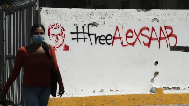 Graffiti that reads in Spanish "Freedom For The Diplomat Alex Saab" in Caracas, on Feb. 4.