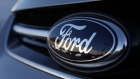 The Ford Motor Co. logo is seen on a vehicle displayed for sale at the AutoNation Dealership in Torrance, California, U.S.