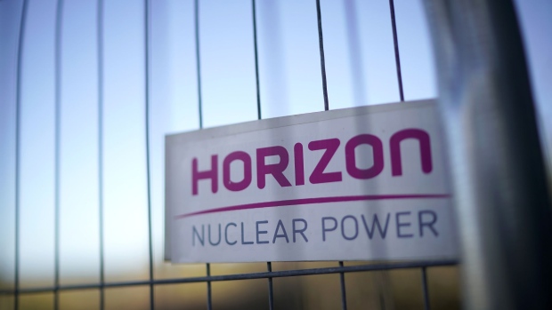 BANGOR, WALES - JANUARY 17: Signs, of Hitachi subsidiary Horizon Nuclear Power, adorn fencing surrounding the location of the new Wylfa Newydd reactor at Anglesey on January 17, 2019 in Bangor, Wales. Hitachi has announced it will suspend work on the £20bn nuclear plant in the due to rising construction costs. (Photo by Christopher Furlong/Getty Images)