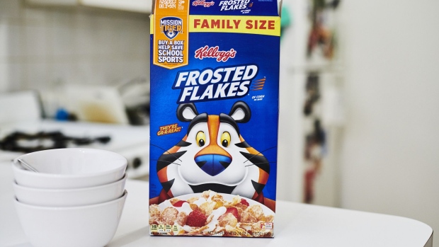 Kellogg Co. Frosted Flakes brand cereal is arranged for a photograph in the Brooklyn Borough of New York, U.S., on Friday, July 24, 2020. Kellogg Co. is scheduled to release earnings figures on July 30. Photographer: Gabby Jones/Bloomberg