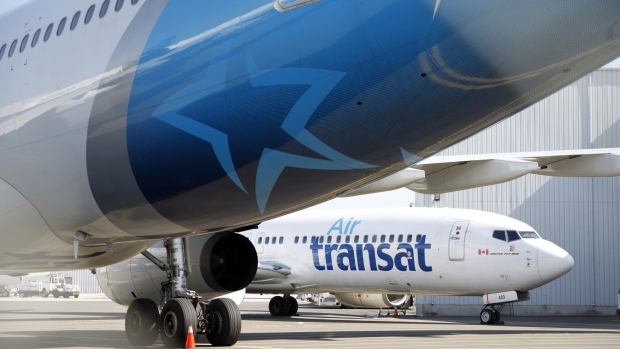 Air Transat aircraft sit on the tarmac at Toronto Pearson International Airport (YYZ) in Toronto, Ontario, Canada, on Wednesday, April 8, 2020.