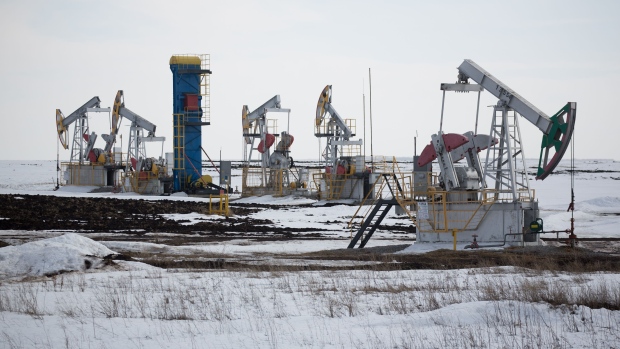 Oil pumping jacks, also known as "nodding donkeys", operate in an oilfield near Almetyevsk, Tatarstan, Russia.