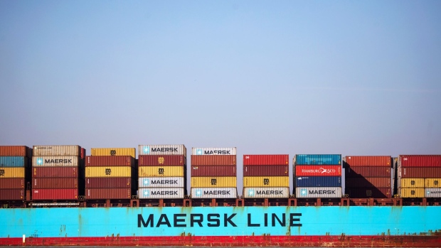 Shipping containers stand on the Maersk Gairloch container ship, operated by A.P. Moller-Maersk A/S, as it approaches the Port of Felixstowe Ltd., a subsidiary of CK Hutchison Holdings Ltd., in Felixstowe, U.K., on Wednesday, March 25, 2020. Legislation is being introduced by the U.K. Government that might close some ports in the event that there are insufficient border-force officers to maintain adequate border security. Photographer: Chris Ratcliffe/Bloomberg