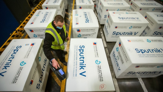 Boxes of the Sputnik V COVID-19 vaccine at a cargo terminal in Moscow. Photographer: Andrey Rudakov/Bloomberg