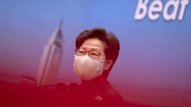 Carrie Lam, Hong Kong's chief executive, speaks during a news conference in Hong Kong, China, on Tuesday, Feb. 2, 2021. Hong Kong is threatening to knock down the doors of residents who don't respond to authorities conducting mandatory-testing blitzes as the city tries to end a persistent winter wave of coronavirus cases.