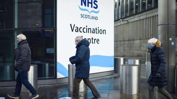 EDINBURGH, SCOTLAND - FEBRUARY 01: Members of the over 70s arrive at the EICC to receive their first dose of coronavirus vaccination on February 1, 2021 in Edinburgh, Scotland. Mass vaccination centres, including Edinburgh International Conference Centre and Aberdeen’s P&J LIVE at TECA, opened today as the vaccination programme moves to the next stage. (Photo by Jeff J Mitchell/Getty Images) Photographer: Jeff J Mitchell/Getty Images Europe