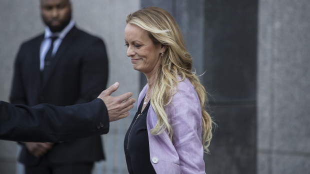 Adult-film actress Stormy Daniels exits from Federal Court in New York, U.S., on Monday, April 16, 2018. Daniels claims she had sex with Donald Trump in 2006 and took a $130,000 hush payment shortly before the 2016 election from lawyer Michael Cohen.