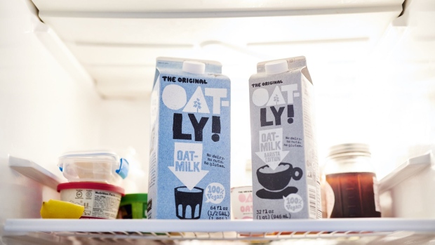 Cartons of Oatly brand oat milk are arranged for a photograph in the Brooklyn borough of New York, U.S., on Wednesday, Sept. 16, 2020. Oatly AB is considering an initial public offering that could value the Swedish maker of vegan food and drink products at as much as $5 billion, according to people with knowledge of the matter.