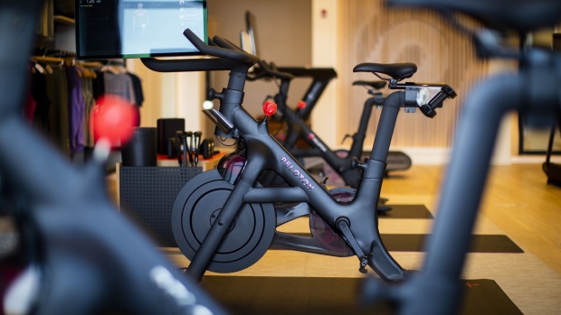 A Peloton Interactive Inc. stationary bike for sale at the company's showroom in Dedham, Massachusetts, U.S., on Wednesday, Feb. 3, 2021. Peloton Interactive Inc. is scheduled to release earnings figures on February 4.