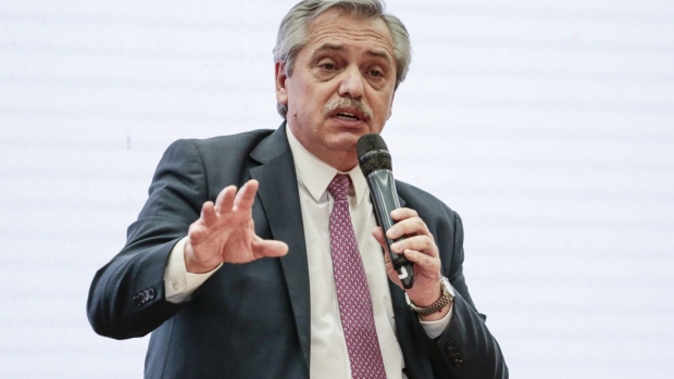 Alberto Fernandez, presidential candidate for the Frente de Todos party, gestures while speaking during the "Buenos Aires, City of Knowledge" event in Buenos Aires, Argentina, on Tuesday, Sept. 17, 2019. The event promoted Buenos Aires as a city where researchers and professionals can come to solve the problems of urban life, encourage a model of productive development and generate quality employment.