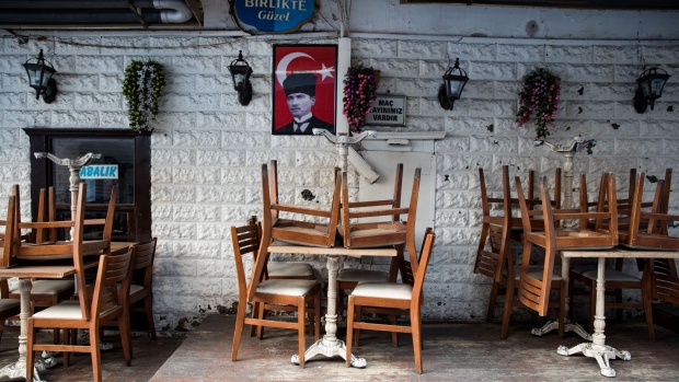 Chairs sit on tables at a closed restaurant in the Besiktas district of Istanbul, Turkey, on Sunday, April 26, 2020. Coming off a brief recession just over a year ago, the urgency is mounting for Turkey to loosen the screws on the economy as its currency and reserves come under pressure more than a month after it introduced social-distancing measures.