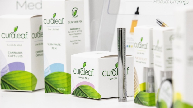 Curaleaf Inc. products are displayed for sale at the company's store in the Queens borough of New York, U.S., on Thursday, Oct. 18, 2018. Curaleaf, a Massachusetts-based company backed by Moscow banking veteran Boris Jordan with roughly 30 pot stores open in 12 states, is raising $350 million through a private placement that values the company at about $4 billion. Photographer: Jeenah Moon/Bloomberg
