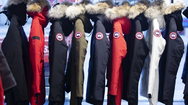 Parkas hang on display at the new Canada Goose Holdings Inc. store in Montreal, Quebec, Canada, on Thursday, Nov. 15, 2018. Canada Goose is adding frigid rooms to some of its stores where shoppers can test the luxury coats in temperatures as low as -25 degrees Celsius (-13 Fahrenheit).