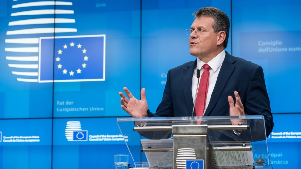 Maros Sefcovic, vice-president at the European Commission, speaks during a news conference after the EU's 27 member states formally adopted a U.K. negotiating position mandate in Brussels, Belgium, on Tuesday, Feb. 25, 2020. France and Ireland went on the offensive over the U.K.'s obligations in any post-Brexit trade deal, escalating a war of words that risks overshadowing the start of negotiations with the European Union next week.