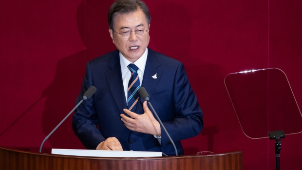 Moon Jae-in, South Korea's president, speaks at the National Assembly in Seoul, South Korea, on Thursday, July 16, 2020. Moon said he vows to use “all necessary measures” to stabilize home prices amid abundant liquidity and low interest rate. Photographer: SeongJoon Cho/Bloomberg