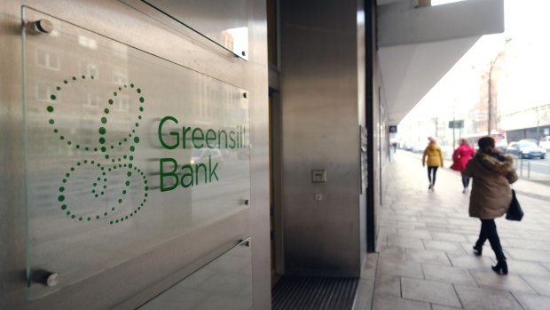 A logo outside the Greensill Bank AG offices in Bremen, Germany, on Wednesday, March 3, 2021. A probe by Germany’s financial regulator found irregularities with how Greensill Bank AG booked assets related to companies controlled by or close to U.K. entrepreneur Sanjeev Gupta. Photographer: Markus Hibbeler/Bloomberg