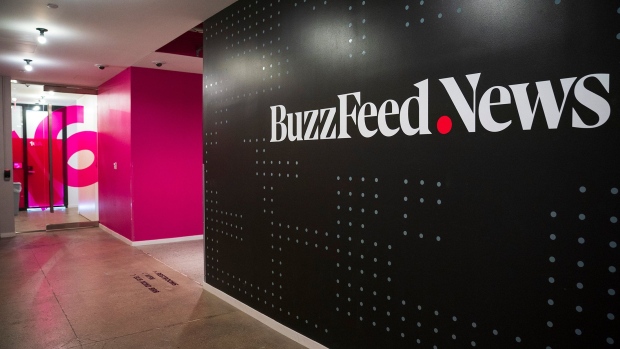 NEW YORK, NY - DECEMBER 11: A BuzzFeed News logo adorns a wall inside BuzzFeed headquarters, December 11, 2018 in New York City. BuzzFeed is an American internet media and news company that was founded in 2006. According to a recent report in The New York Times, the company expects to surpass 300 million dollars in earnings for the 2018 fiscal year. (Photo by Drew Angerer/Getty Images) Photographer: Drew Angerer/Getty Images