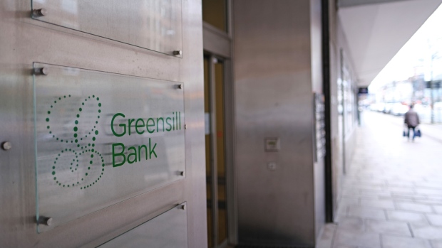 A logo outside the Greensill Bank AG offices in Bremen, Germany, on Thursday, March 4, 2021. Germanys financial watchdog shuttered Greensill Bank and asked law enforcement officials to investigate accounting irregularities at the lender, compounding the woes of parent company Greensill Capital as it seeks to stave off a damaging collapse. Photographer: Markus Hibbeler/Bloomberg/Bloomberg