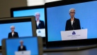 Christine Lagarde, president of the European Central Bank (ECB), speaks during a live stream video of the central bank's virtual rate decision news conference in Frankfurt, Germany, on various screens arranged in Danbury, U.K., on Thursday, March 11, 2021. The central bank’s immediate focus is on keeping financial conditions favorable. Photographer: Chris Ratcliffe/Bloomberg