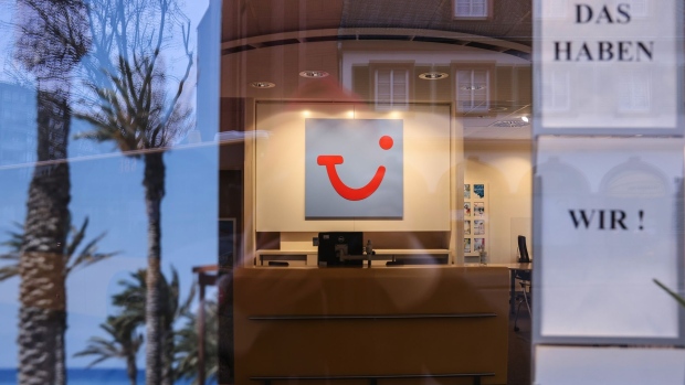A TUI AG logo inside a closed TUI travel center in Mainz, Germany, on Wednesday, March 10, 2021. Voters go to the polls on for state elections in Rhineland-Palatinate and Baden-Wuerttemberg on Sunday, March 14.