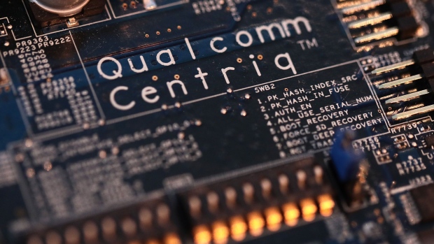 Qualcomm Centriq branding sits on a motherboard on display at the Qualcomm Inc. stand during day two of the Mobile World Congress (MWC) in Barcelona, Spain, on Tuesday, Feb. 27, 2018.