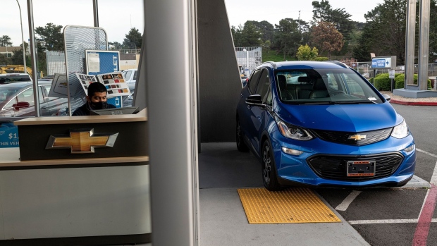 A General Motors Co. Chevrolet Bolt electric vehicle for sale at a car dealership in Colma, California, U.S., on Monday, Feb. 8, 2021. General Motors Co. is scheduled to release earnings figures on February 10. Photographer: David Paul Morris/Bloomberg