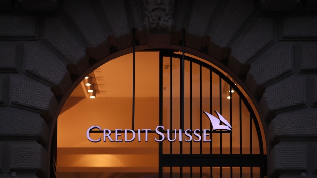 A logo hangs in the entrance to Credit Suisse headquarters in Zurich, Switzerland.