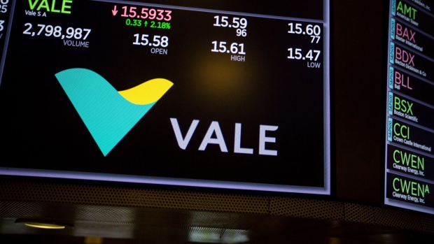 A monitor displays Vale SA signage on the floor of the New York Stock Exchange (NYSE) in New York, U.S., on Monday, Oct. 22, 2018. U.S. equities swung between gains and losses as investors downplayed an overnight rally in Asian equities ahead of a spate of earnings reports this week. Photographer: Michael Nagle/Bloomberg