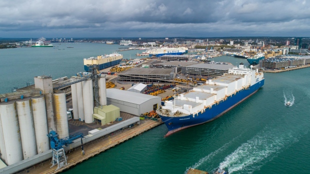 The Endurance vehicles carrier vessel sits docked the the Port of Southampton, operated by Associated British Ports (ABP) Holdings Ltd., in this aerial view in Southampton, U.K., on Wednesday, Sept. 30, 2020. Bank of England Governor Andrew Bailey urged the U.K. government and the European Union to reach a trade deal or risk seeing their economies suffer. Photographer: Jason Alden/Bloomberg