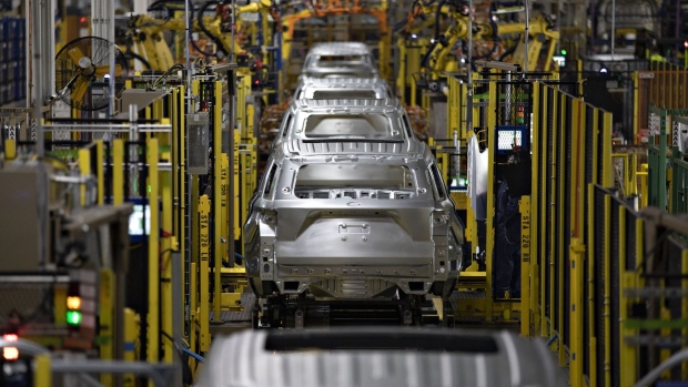 Vehicle frames sit on an assembly line at the Ford Motor Co. Chicago Assembly Plant in Chicago, Illinois, U.S., on Monday, June 24, 2019. 