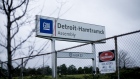 Signage stands on display at the General Motors Co. Detroit-Hamtramck assembly plant in Detroit.