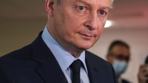 Bruno Le Maire, France's finance minister, speaks to journalists at the Liebherr-Aerospace Toulouse SAS factory in Toulouse, France, on Friday, Jan. 22, 2021. Airbus SE slowed the pace of a planned ramp-up in jetliner production, after a global surge in coronavirus cases dealt a fresh blow to demand. Photographer: Matthieu Rondel/Bloomberg