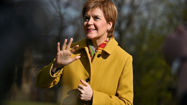 Nicola Sturgeon, campaigns in Queens Park during the Scottish Parliamentary election on April 07, 2021 in Glasgow, Scotland. 